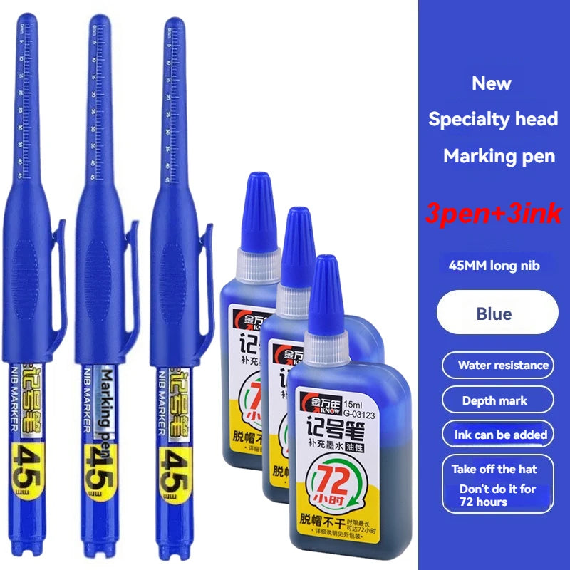 1-12Pcs Multi-Purpose 45mm Deep Drill Hole Long Nib Waterproof Marker Pens for Bathroom Woodworking Long Head Carpenter Pen