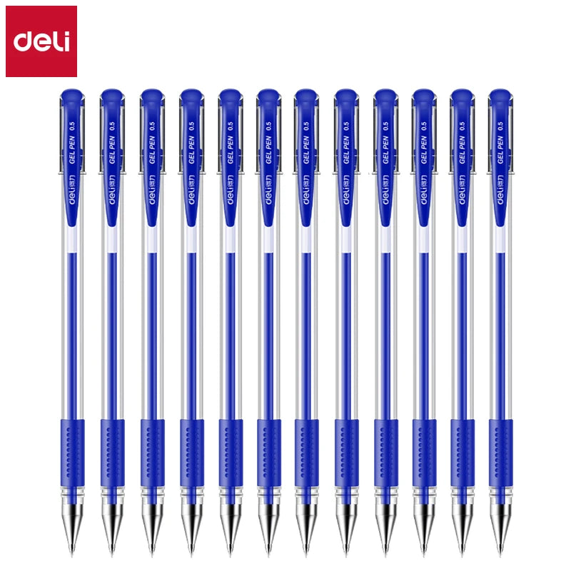 Deli 12-Pack Gel Pen Set 0.5mm Ballpoint Black Blue Red Ink Colors Writing Tools for School Office Stationery Supplies