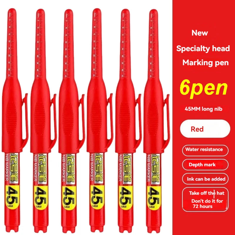 1-12Pcs Multi-Purpose 45mm Deep Drill Hole Long Nib Waterproof Marker Pens for Bathroom Woodworking Long Head Carpenter Pen