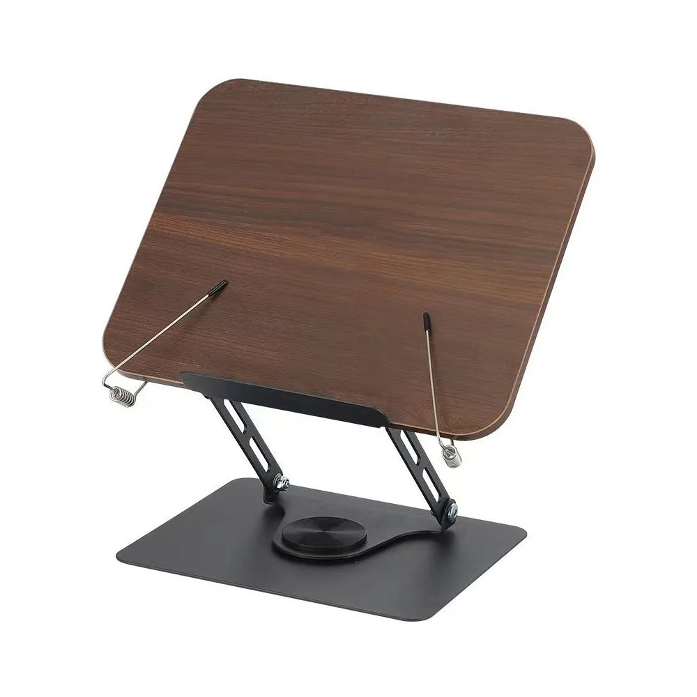 Solid Wood Reading Rack Foldable 360° Rotating Base Book Stand Adjustable with Elastic Page Clips Laptop Holder Desktop Riser